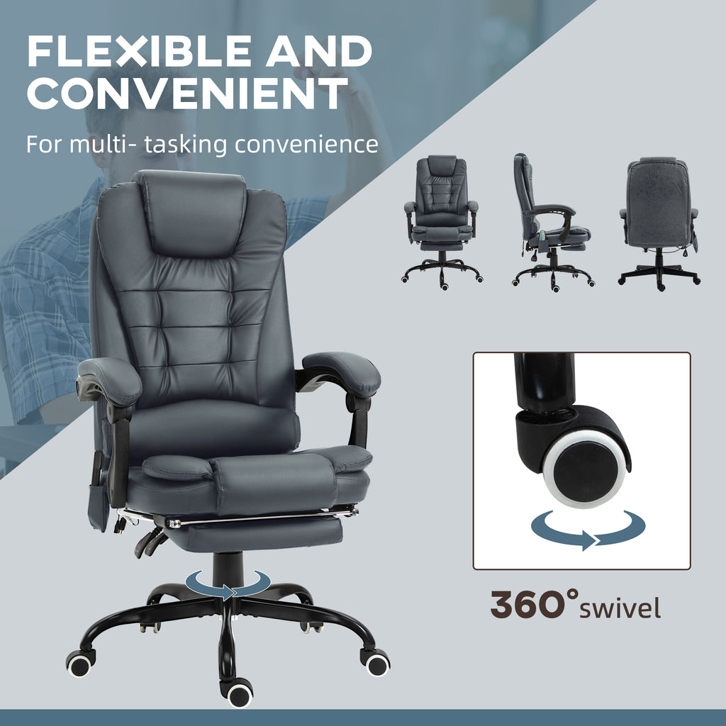 Gray office chair with reclining feature and 360-degree swivel capability, shown with text highlighting flexibility and convenience.