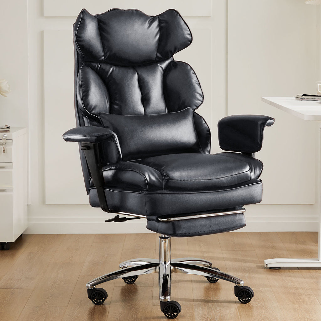 Black leather office chair in a room with a desk and white walls.