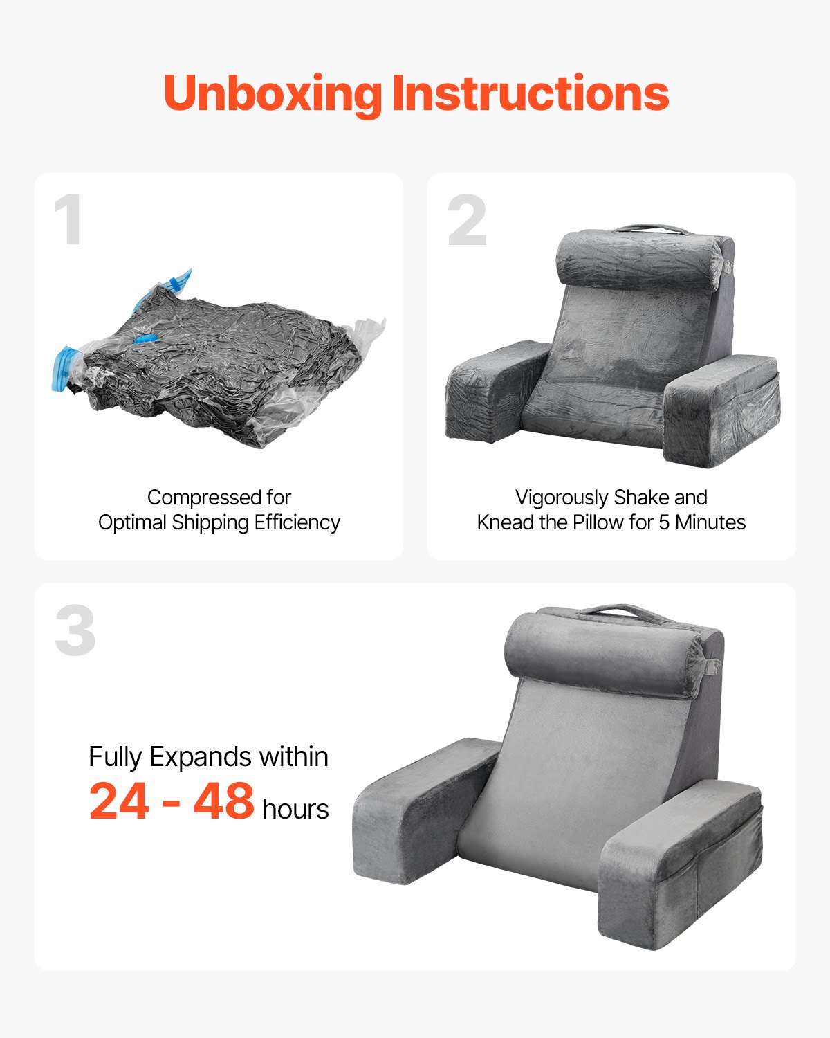 Unboxing instructions for a gray pillow with text on a white background