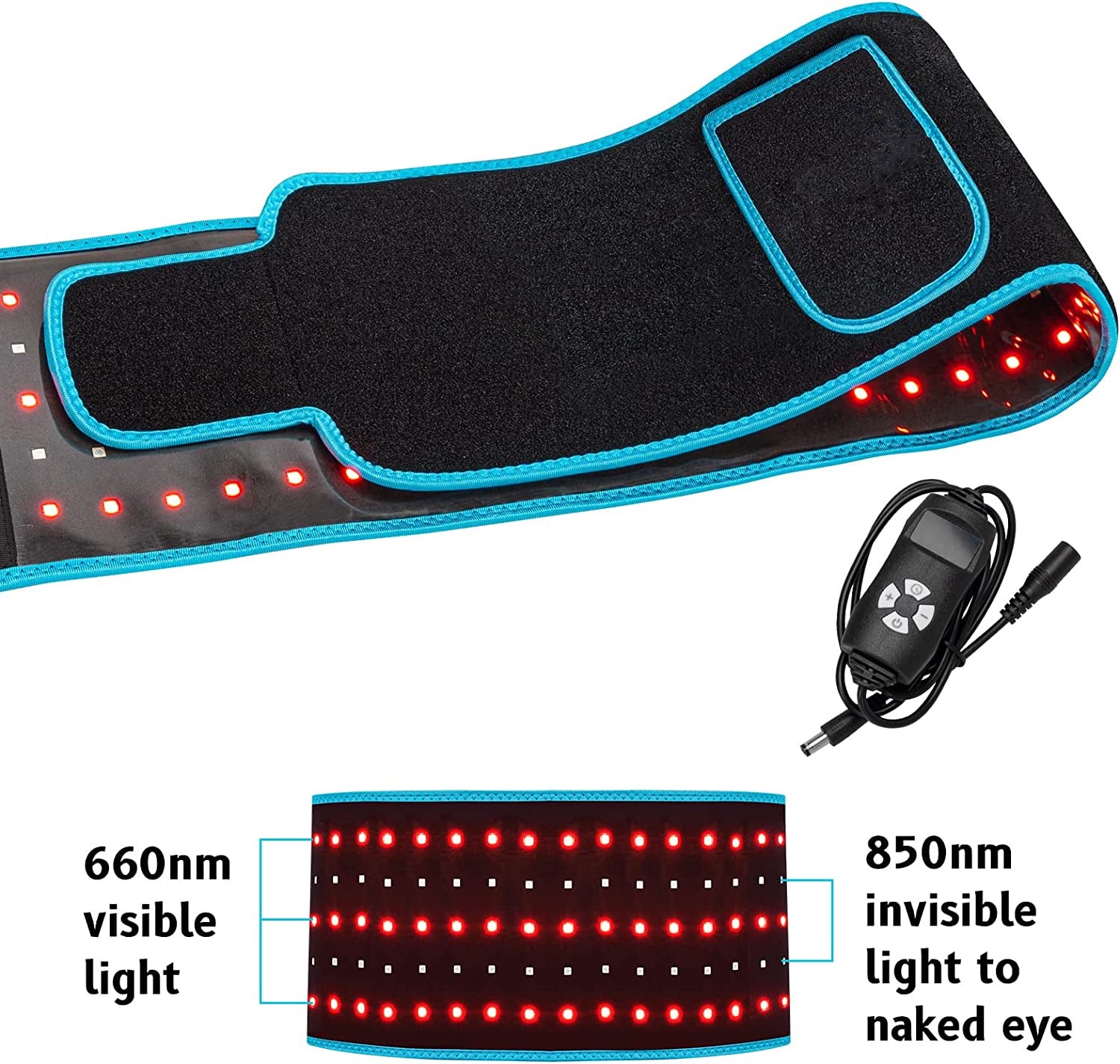 Black and blue LED waist belt with visible and invisible light components on a white background.