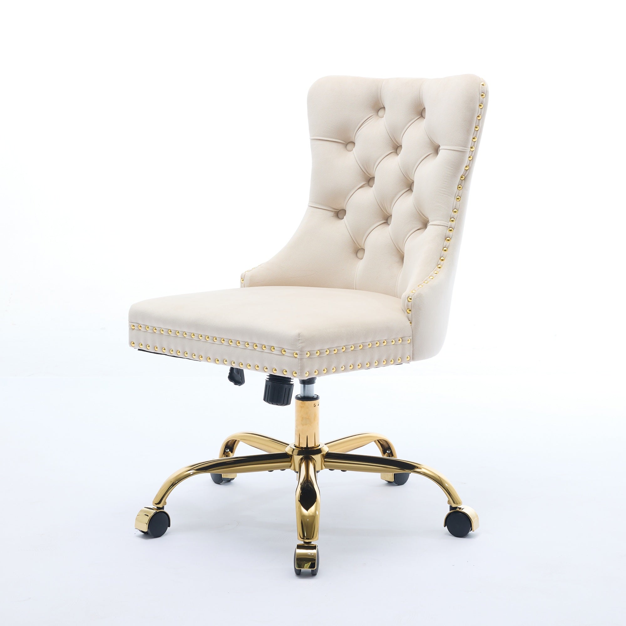 Beige office chair with chrome base in a room with a desk and decor.