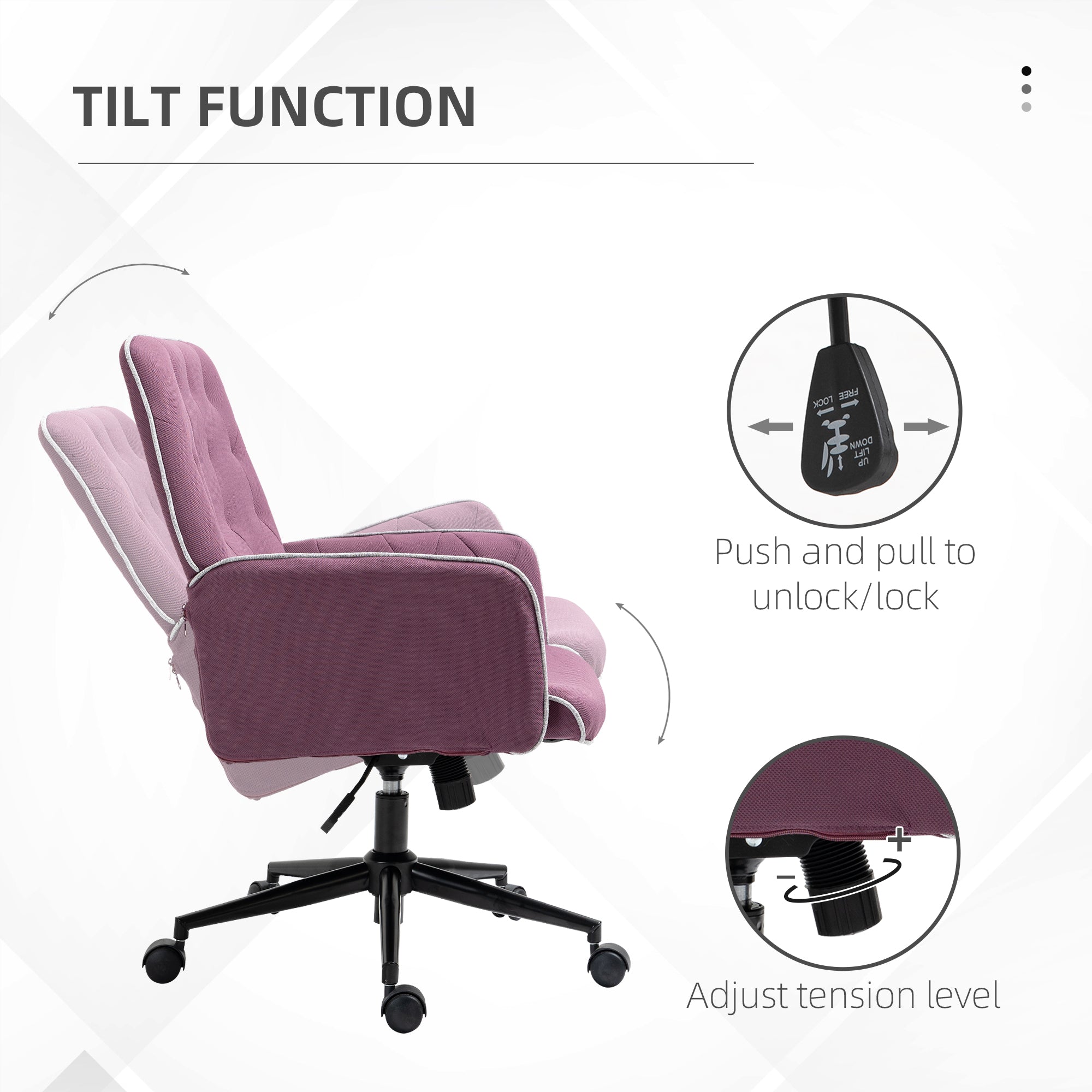 Purple office chair with tilt function features on a white background