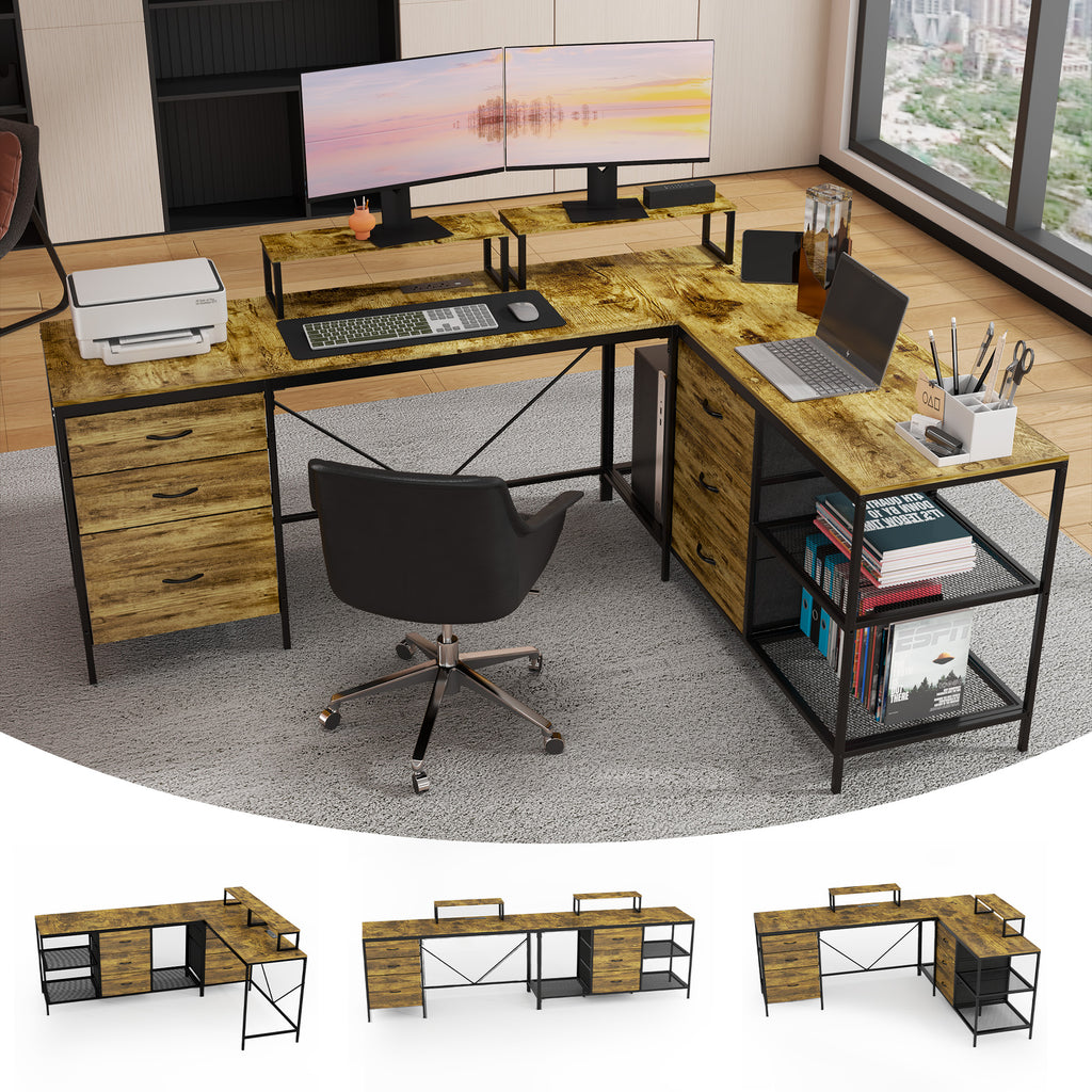 114" L-Shaped Desk with Power Outlets & Storage - Rustic Brown