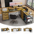 114" L-Shaped Desk with Power Outlets & Storage - Rustic Brown