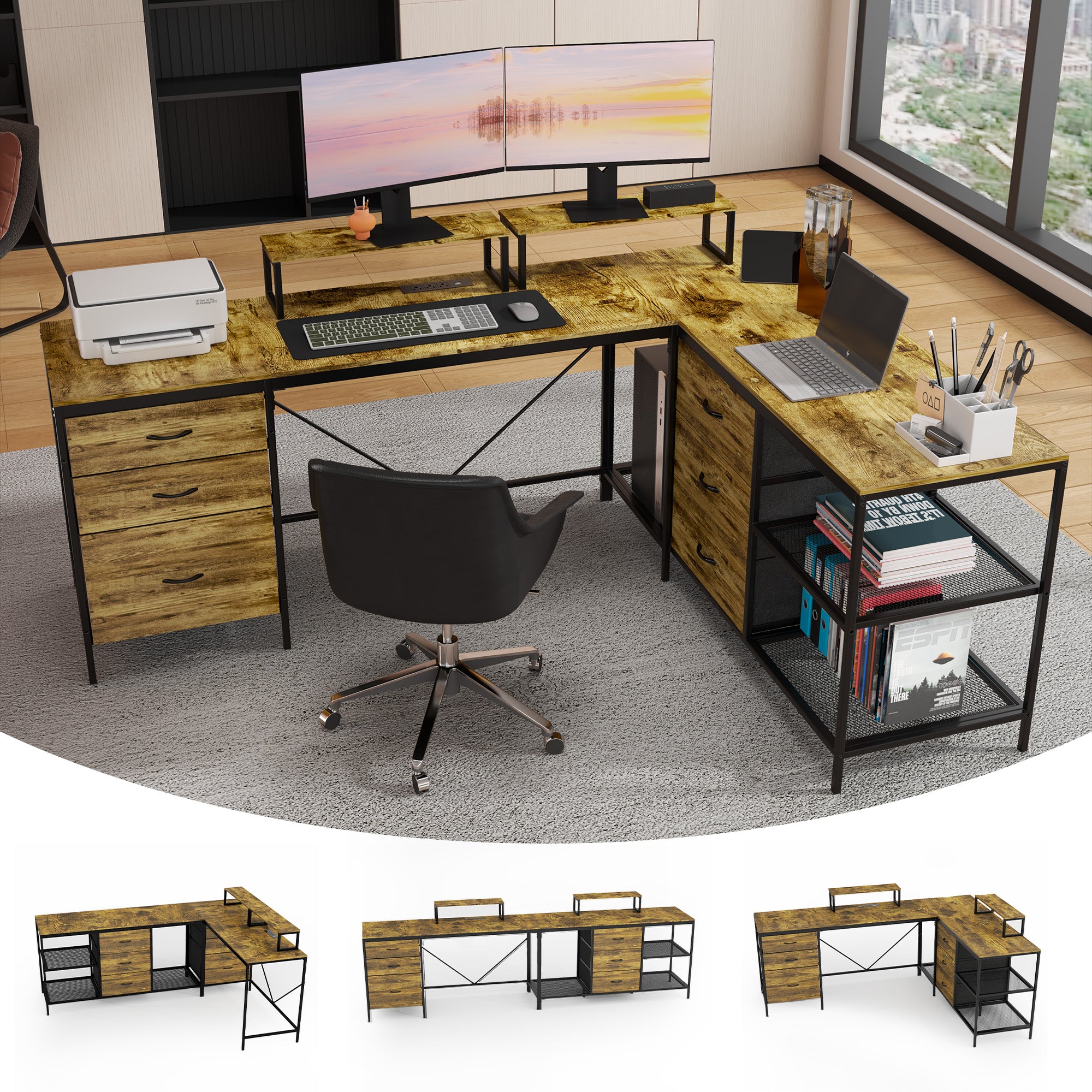 114" L-Shaped Desk with Power Outlets & Storage - Rustic Brown