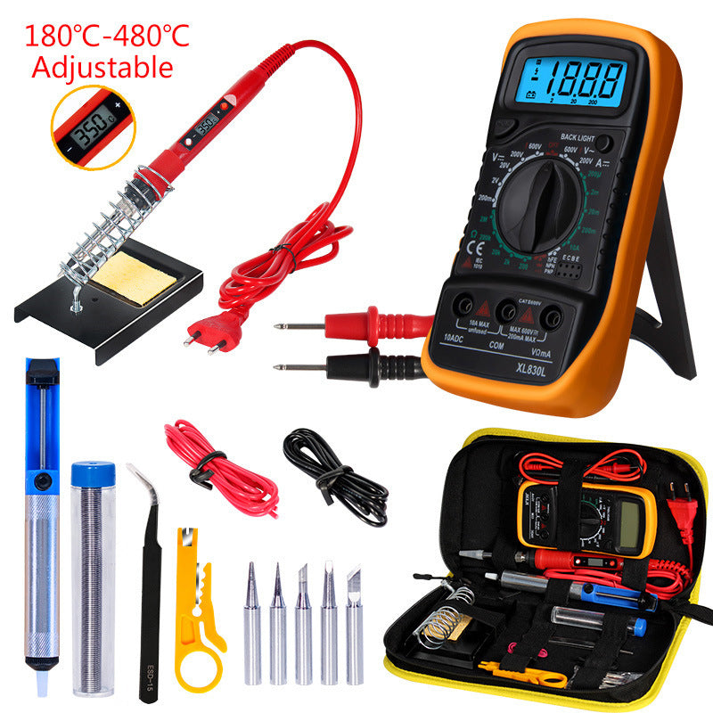 Collection of electronic tools including a multimeter, soldering iron, and accessories on a white background.