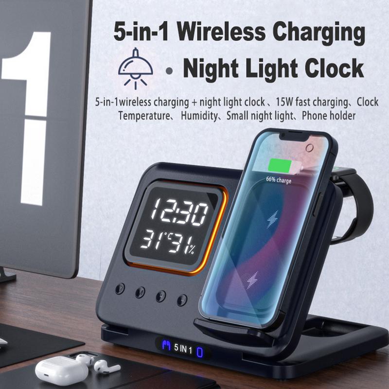 5-in-1 wireless charging night light clock with smartphone and earbuds on a desk.