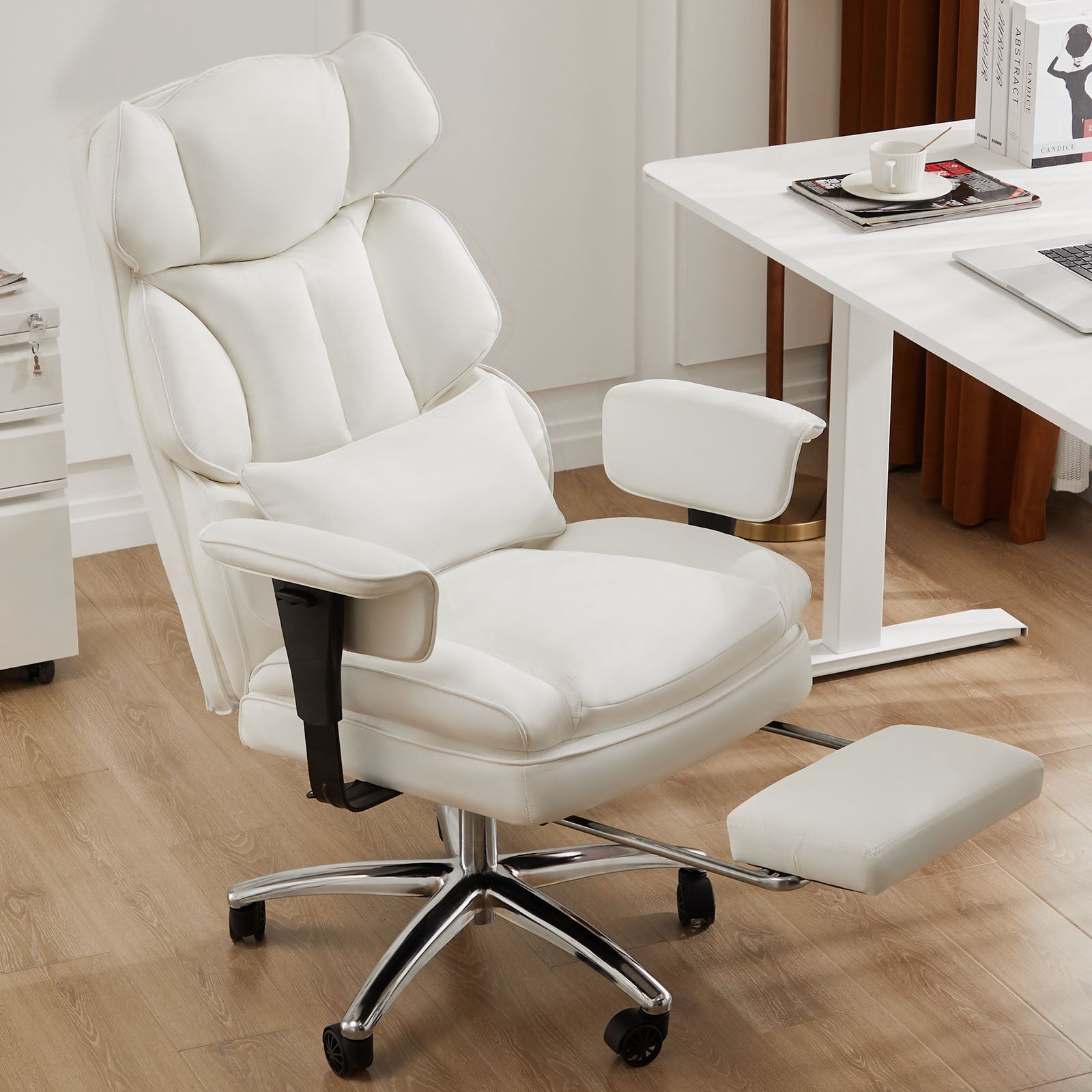 White office chair with ottoman in a home office setting