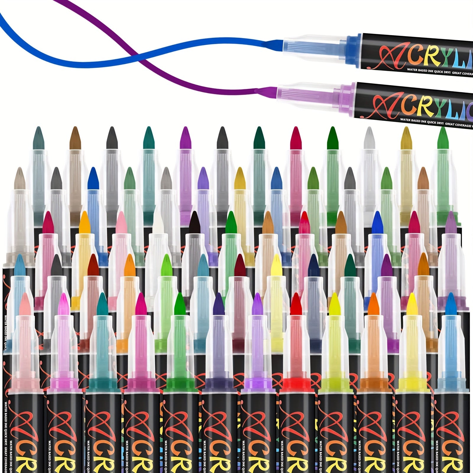 Set of colorful acrylic paint markers with a lanyard on a white background