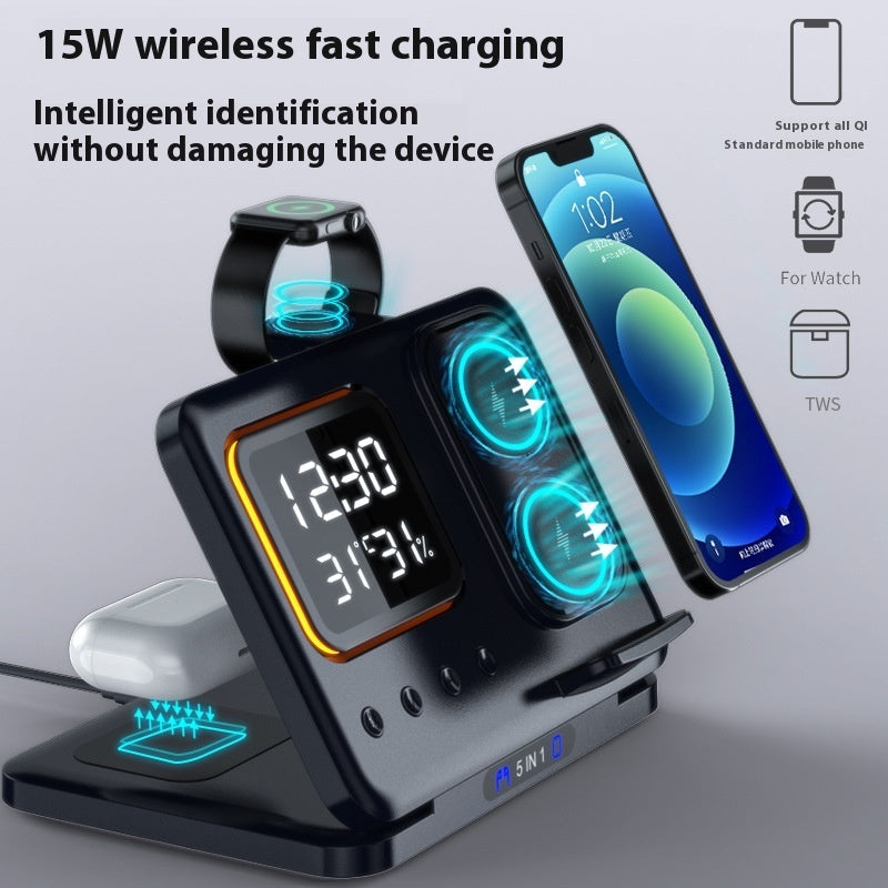 Multi-device wireless charging station with smartphone, watch, and smartwatch on a gray background.