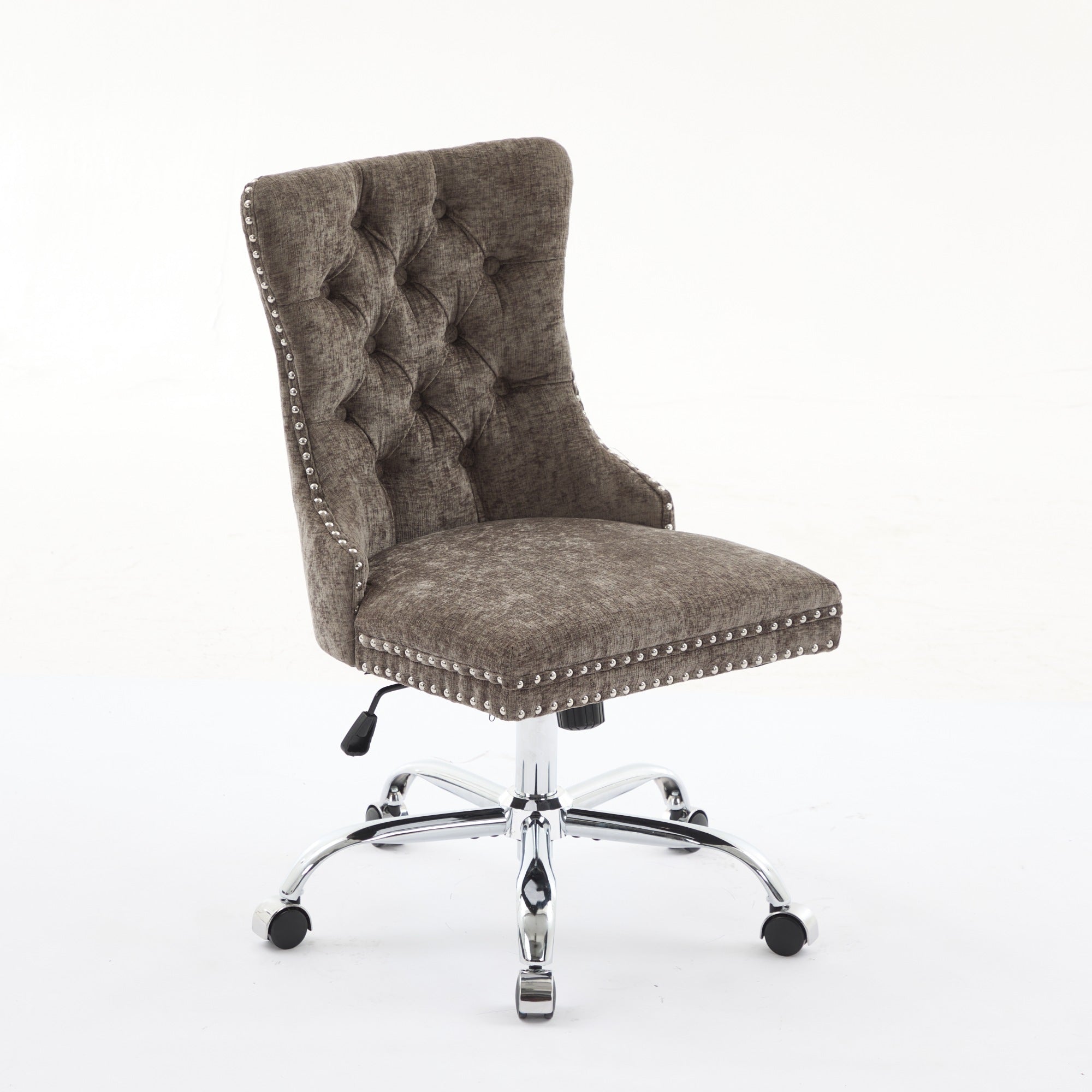Brown tufted office chair with chrome base on a white background