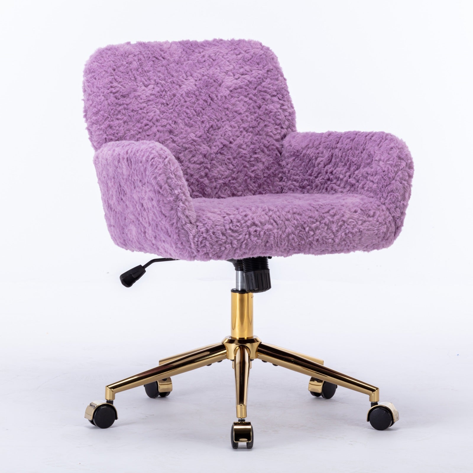 Purple fluffy office chair with gold base on a white background
