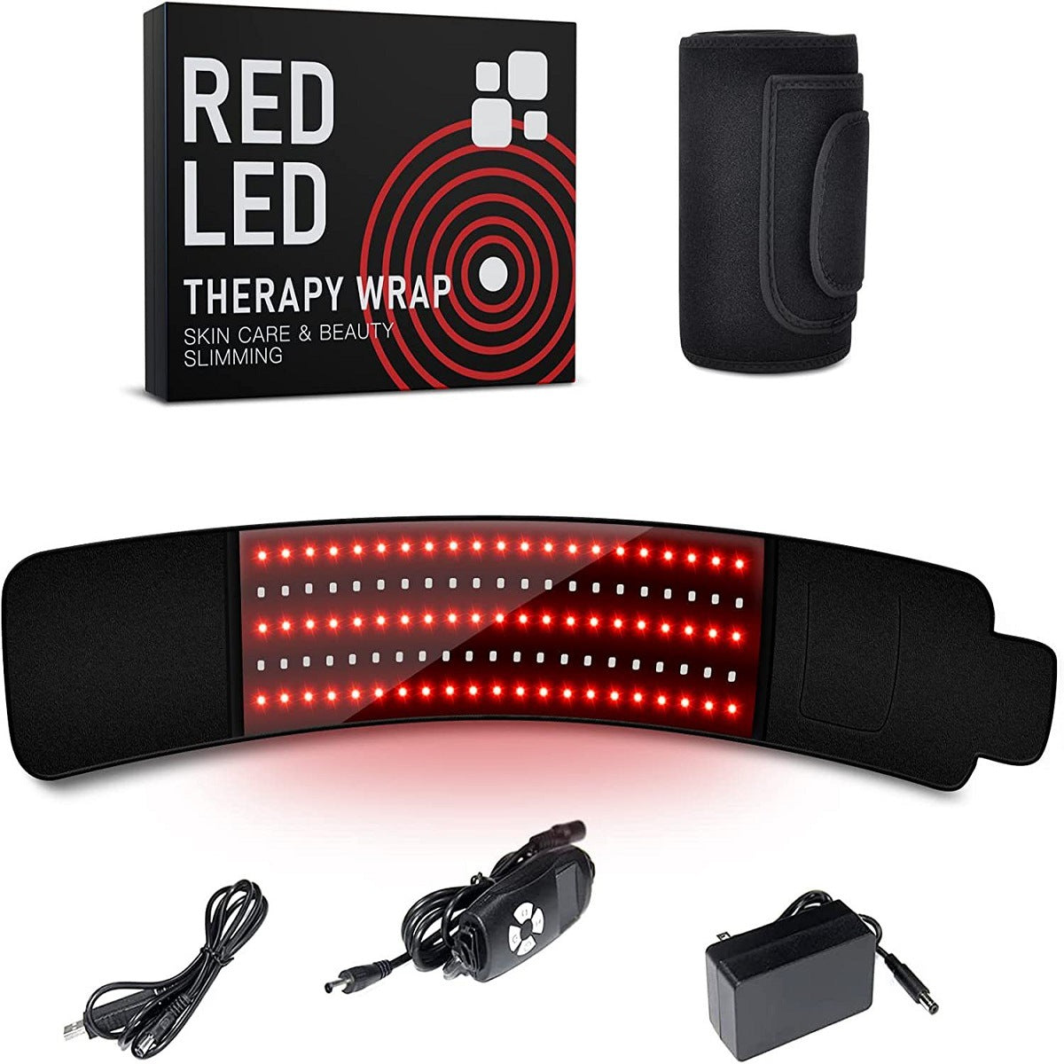 Red LED therapy wrap with packaging, power adapter, and cable on a white background