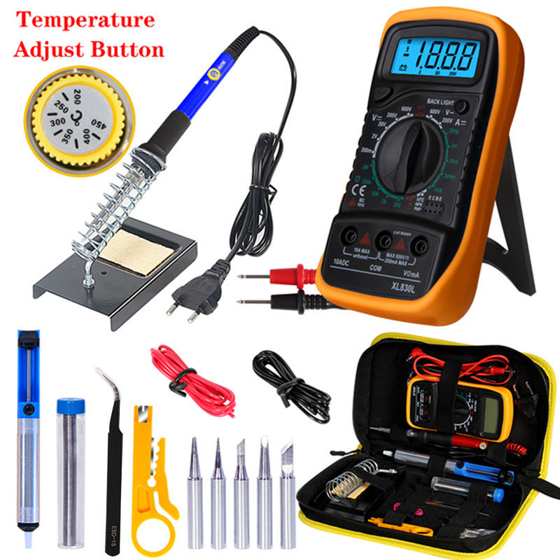 Collection of electronic tools including a multimeter, soldering iron, and accessories on a white background.
