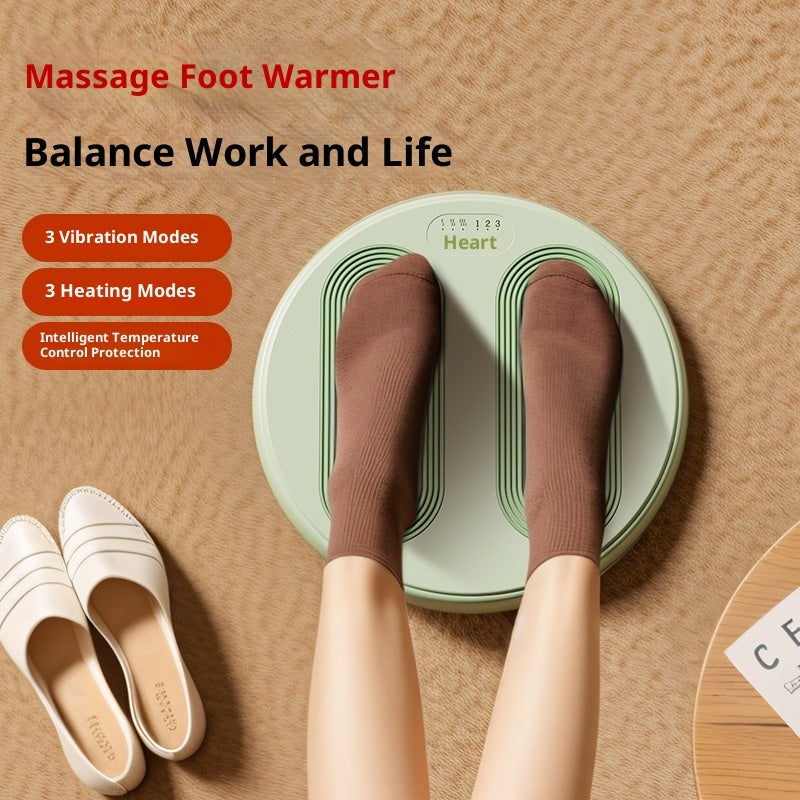 Massage foot warmer with feet on a brown surface, showing vibration and heating modes.