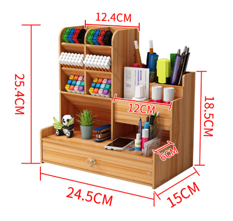 Wooden desk organizer with measurements on a white background