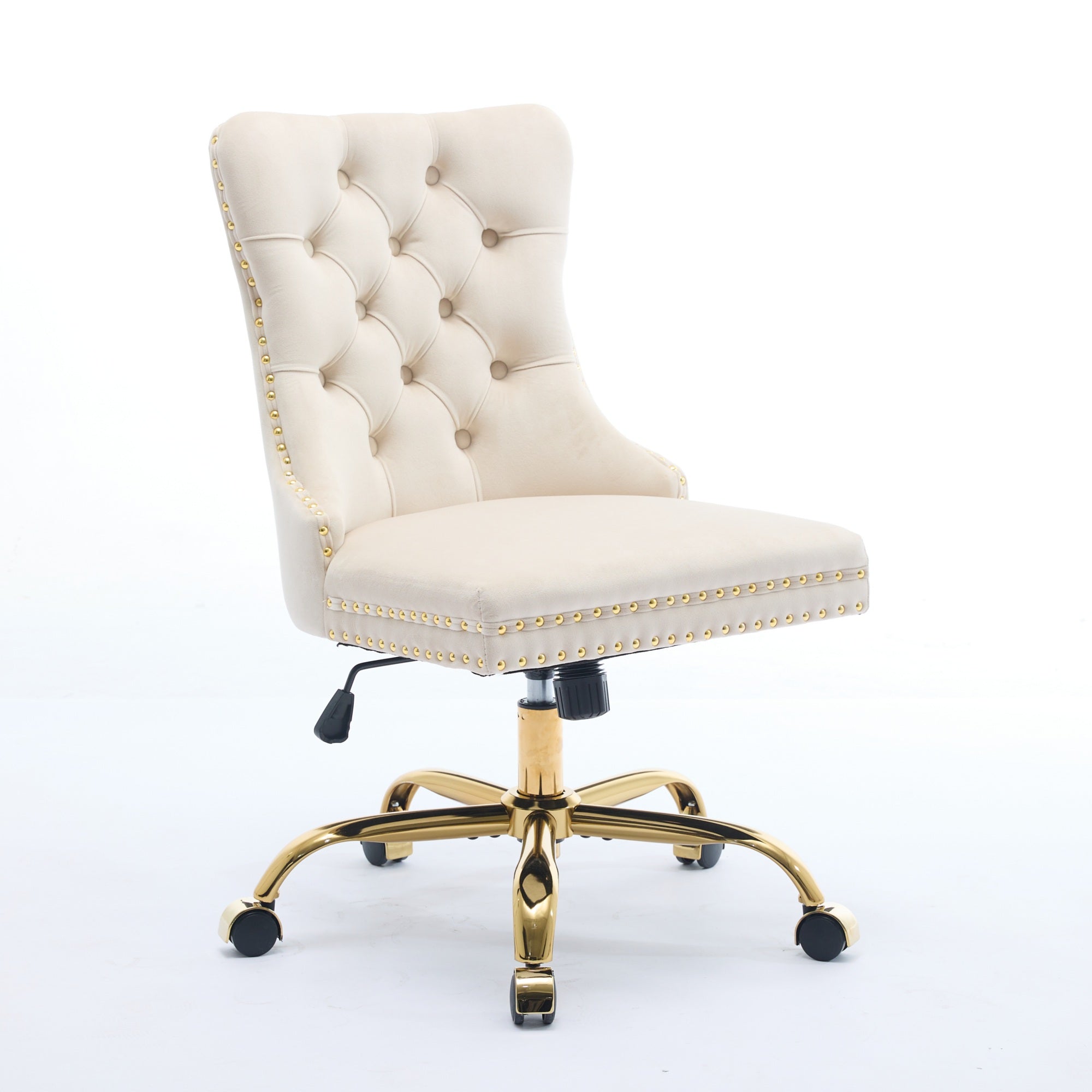 Beige office chair with chrome base in a room with a desk and decor.