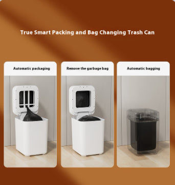 Smart trash can with automatic packaging, bag removal, and bagging features on a brown background.