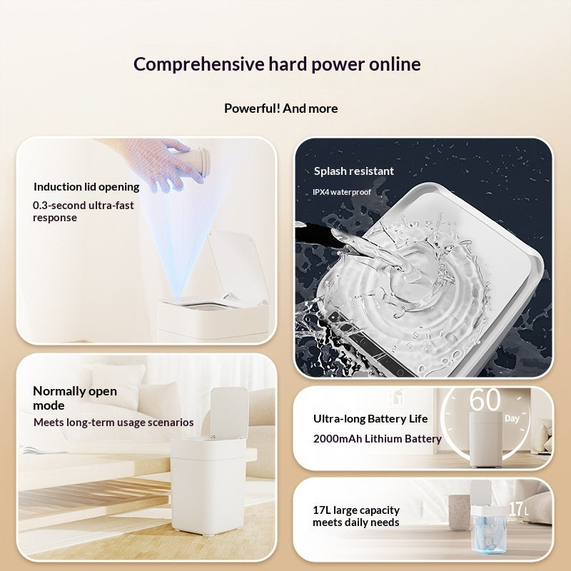 Product features with text on a beige background