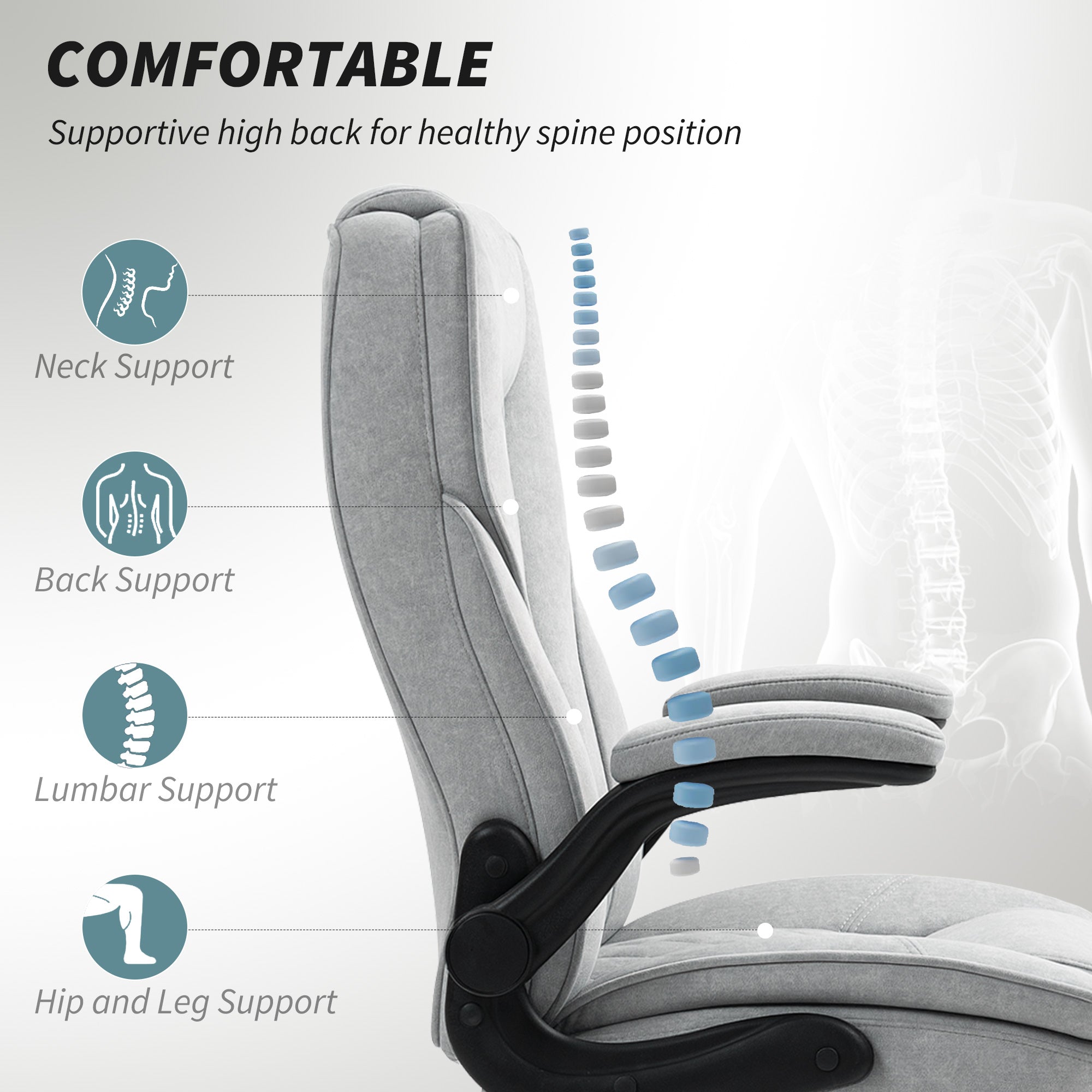 Ergonomic chair with text highlighting supportive features for a healthy spine.