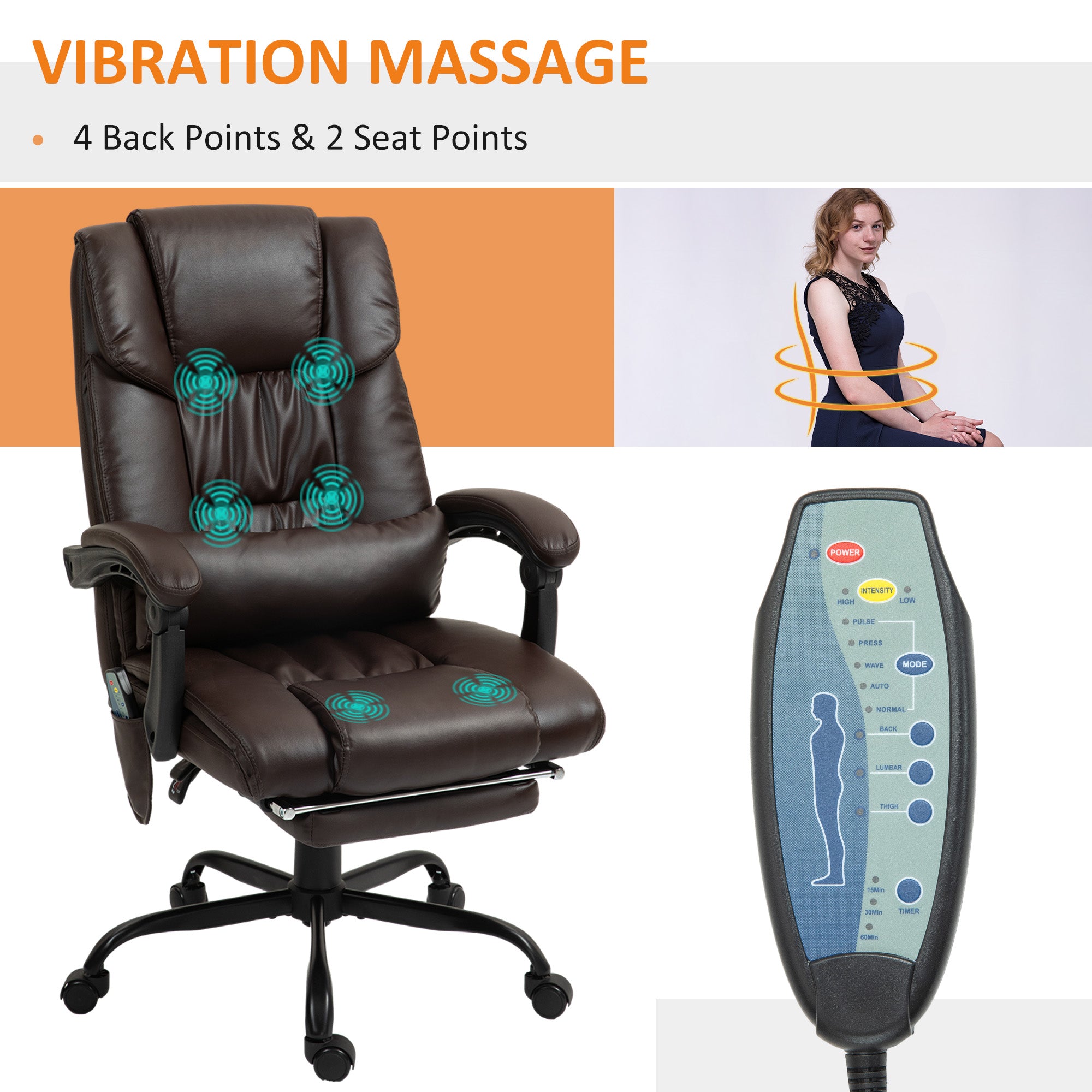 Massage chair with vibration points and control panel on a white background