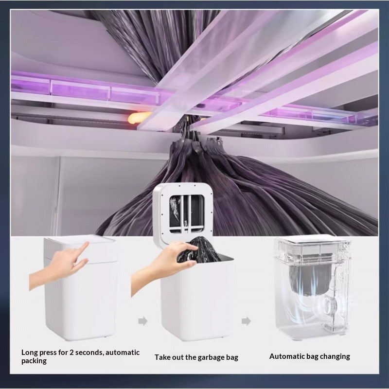 Garbage disposal system with purple light strip above it, showing usage instructions.