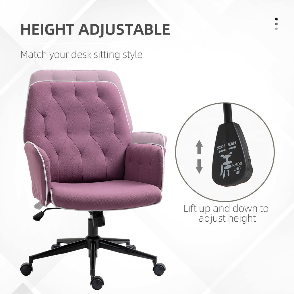 Purple office chair with height adjustment feature on a white background