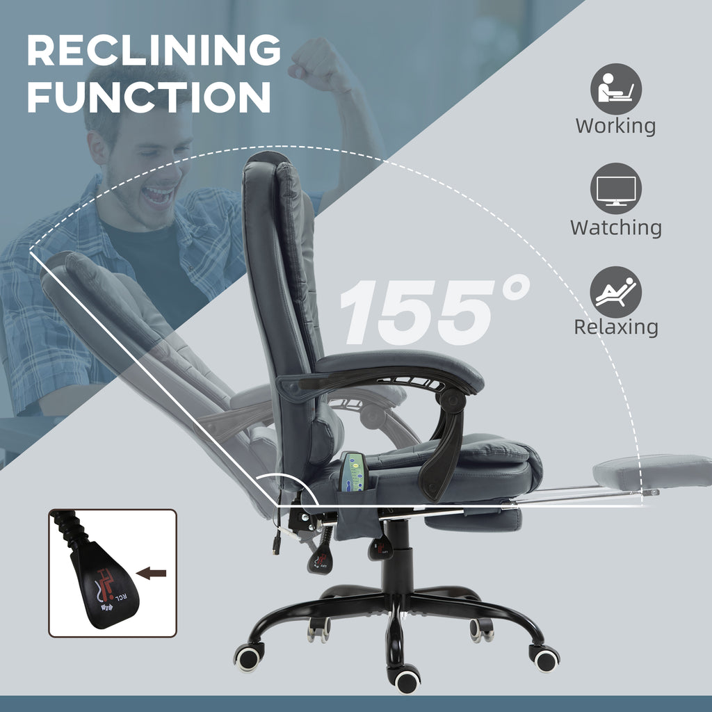 Ergonomic office chair with reclining function, showing 155-degree angle, and icons for working, watching, and relaxing.