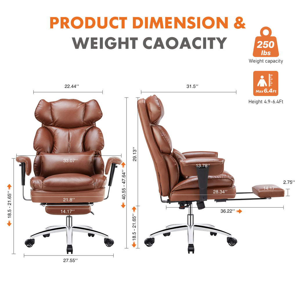 Brown office chair with dimensions and weight capacity information on a white background