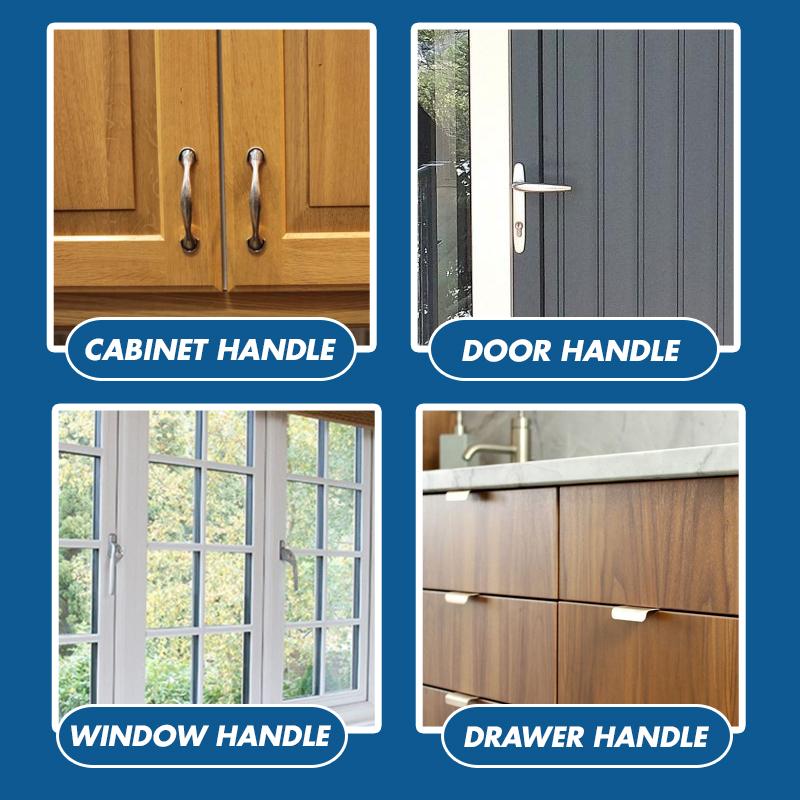 Four examples of handles on different types of hardware with labels on a blue background.