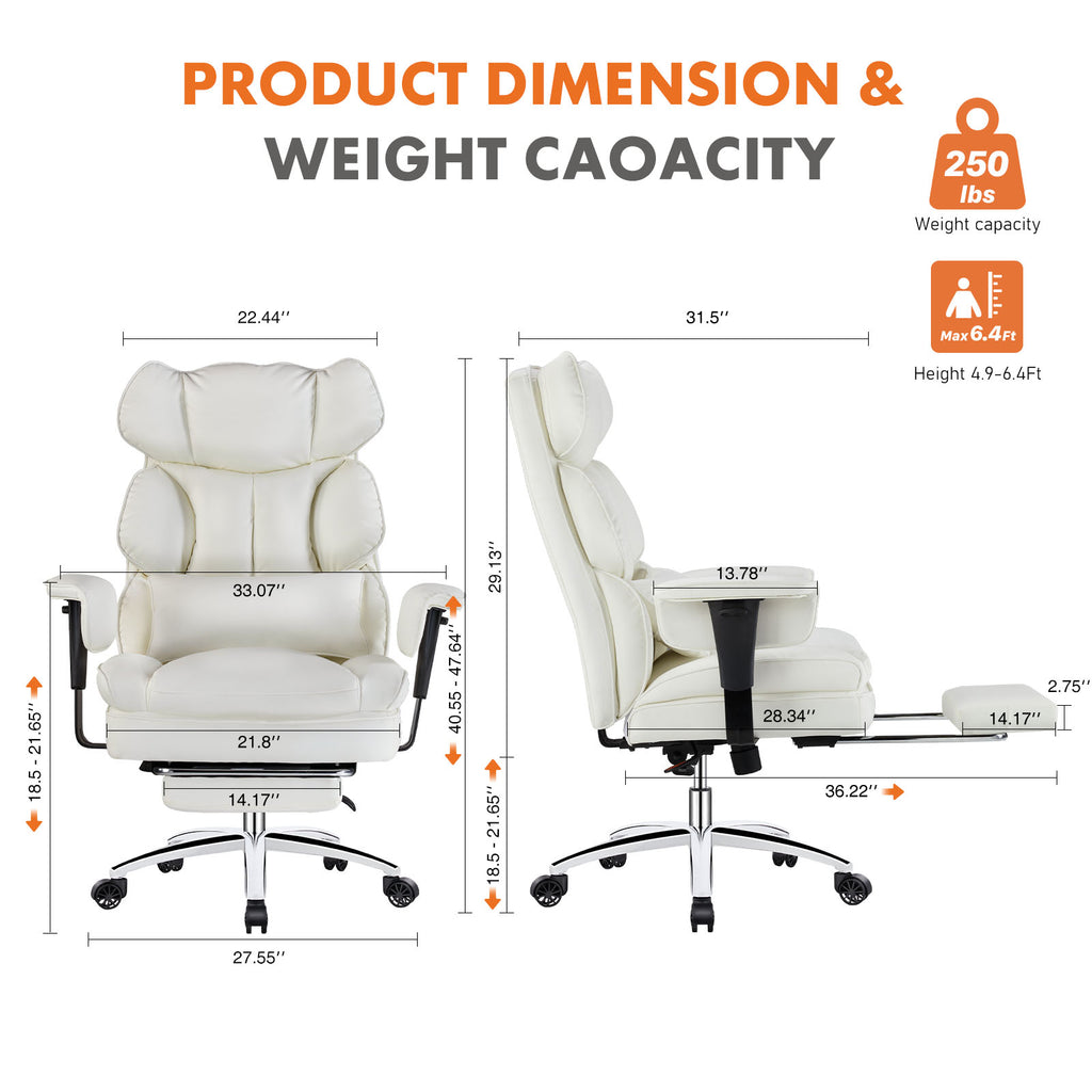 White office chair with dimensions and weight capacity information on a white background
