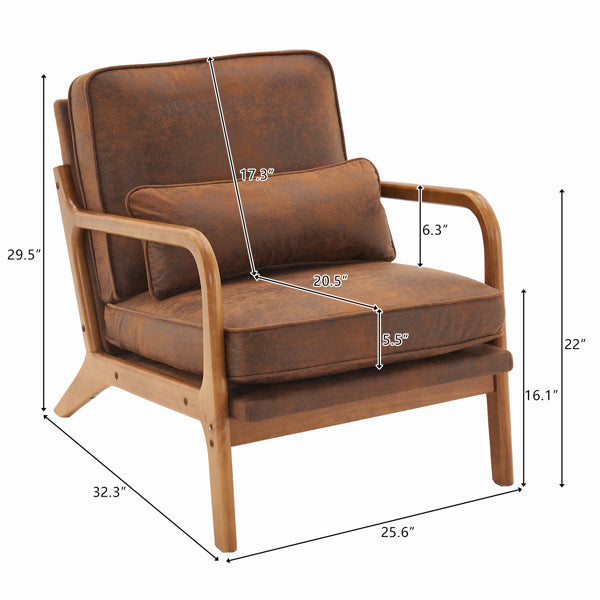 Brown armchair with dimensions marked on a white background