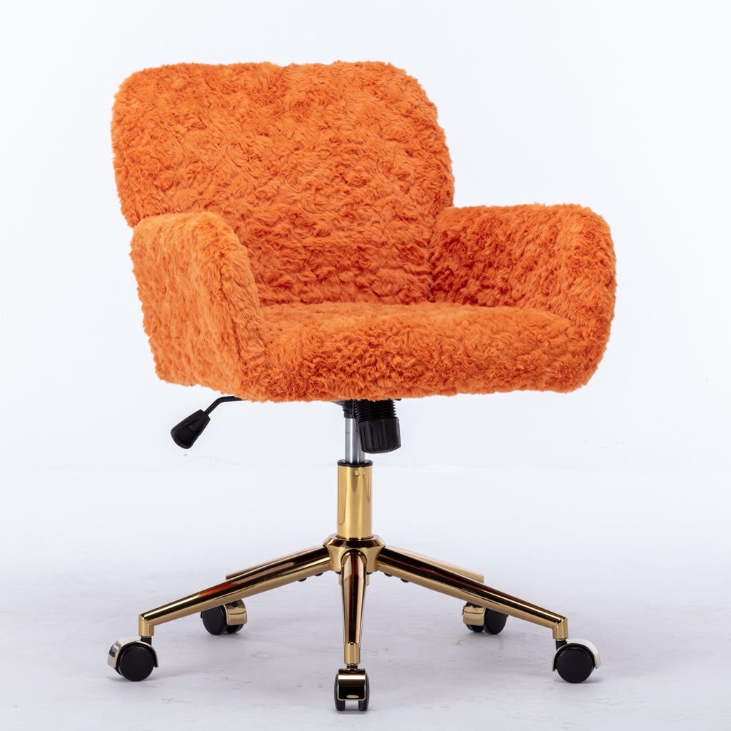 Orange fluffy office chair with gold base on a white background