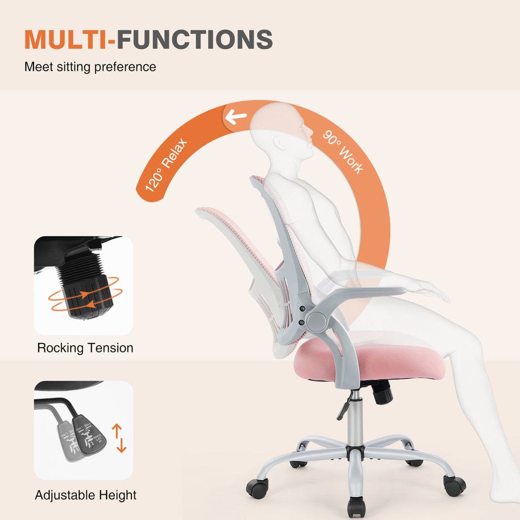 Side view of pink drafting chair showing lumbar support and movable armrests