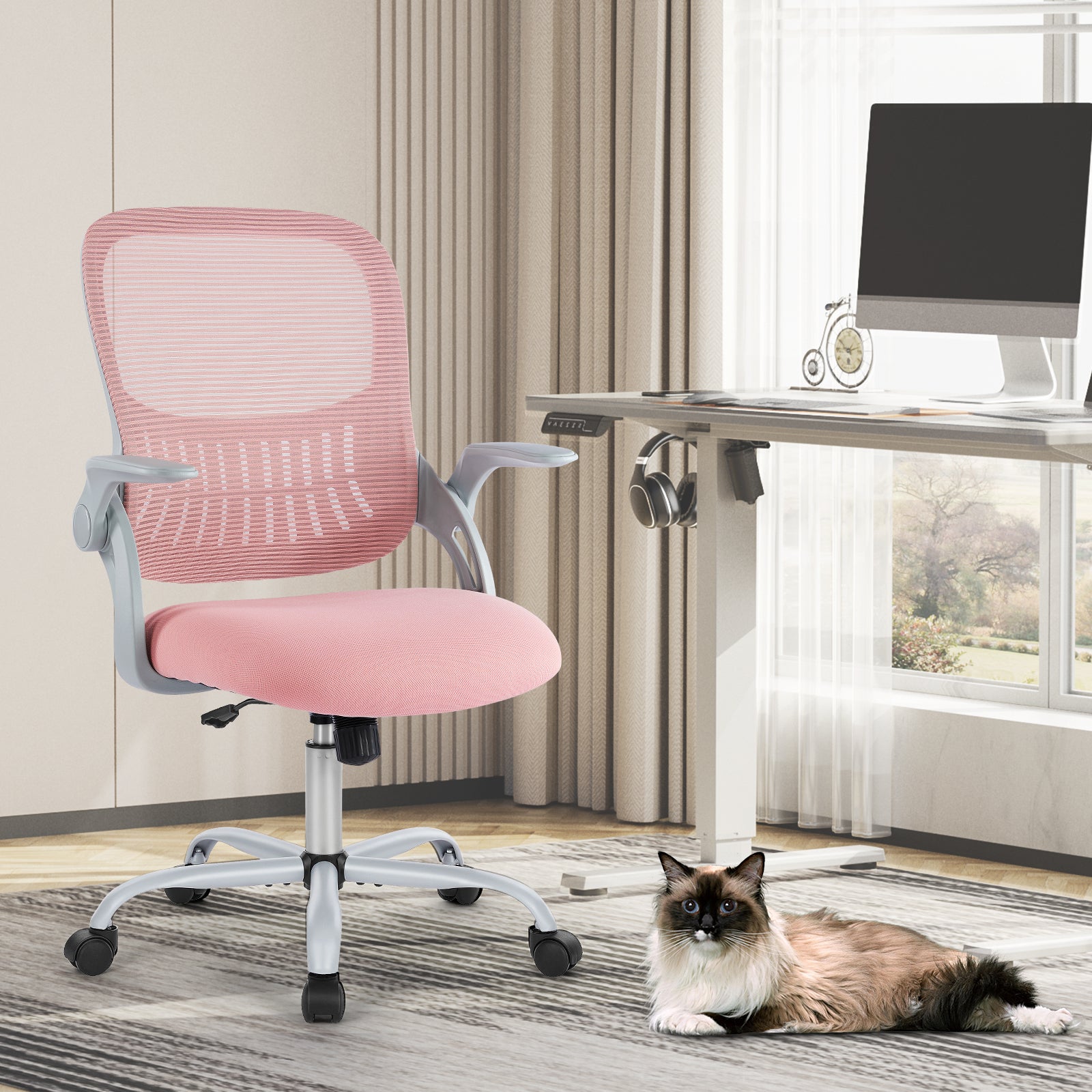 Pink ergonomic drafting chair with adjustable footrest ring for standing desk