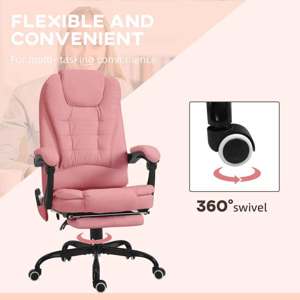 Pink office chair with 360-degree swivel feature on a light pink background