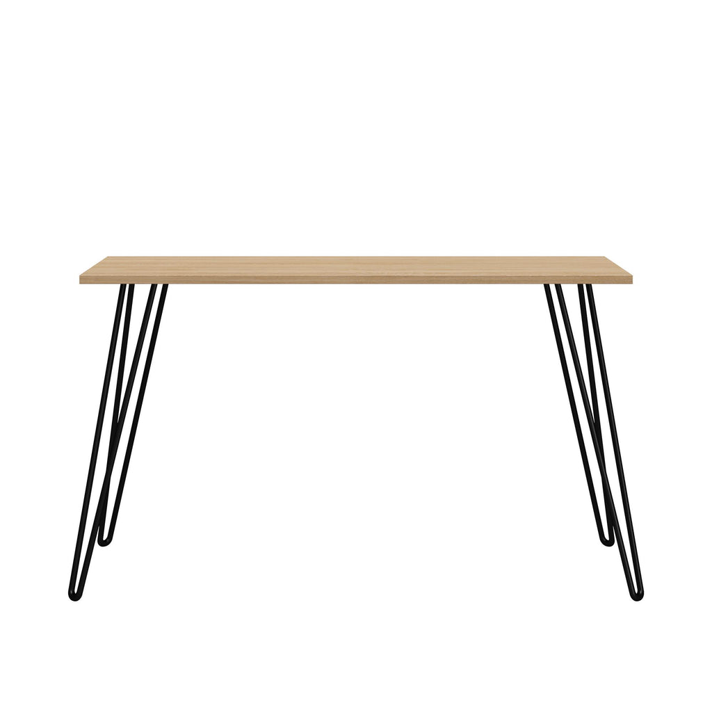 Wooden table with black hairpin legs on a white background