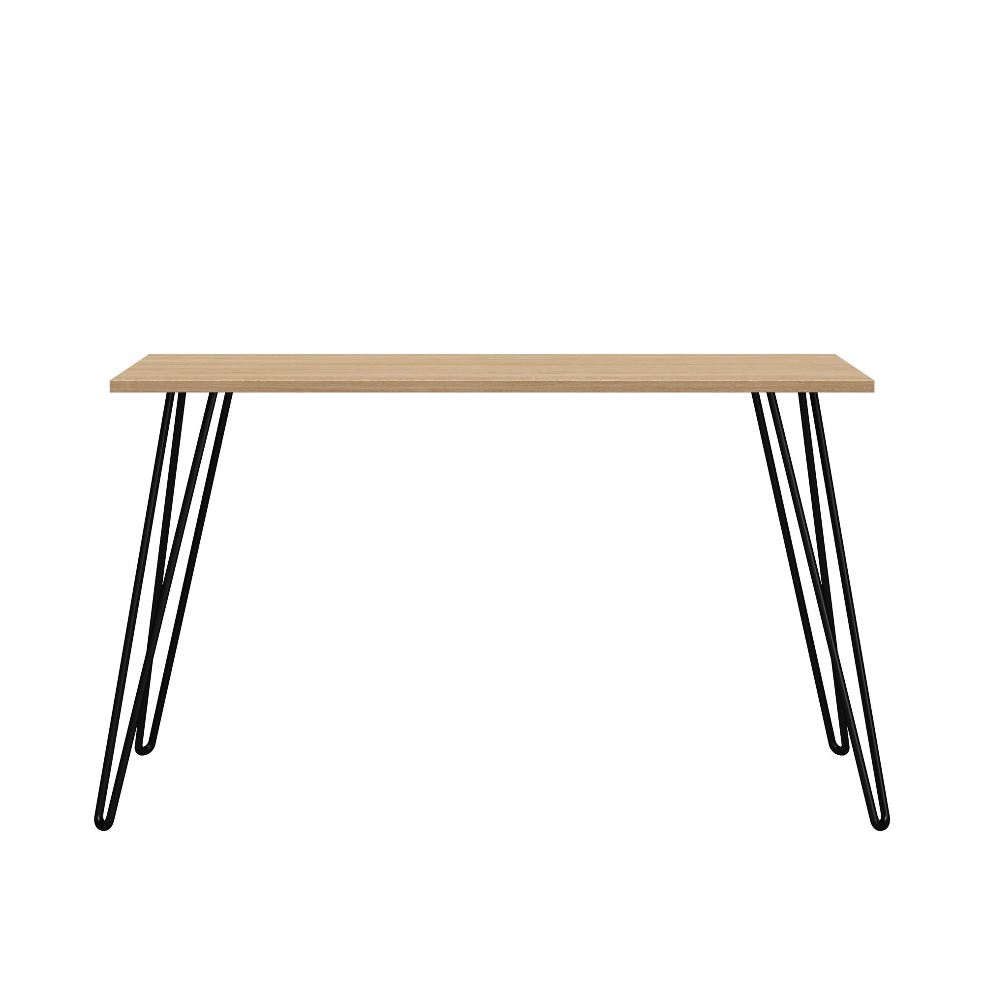 Wooden table with black hairpin legs on a white background