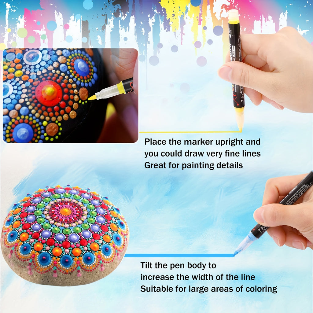 Colorful dot painting on a rock with a marker, showing different uses of the marker.