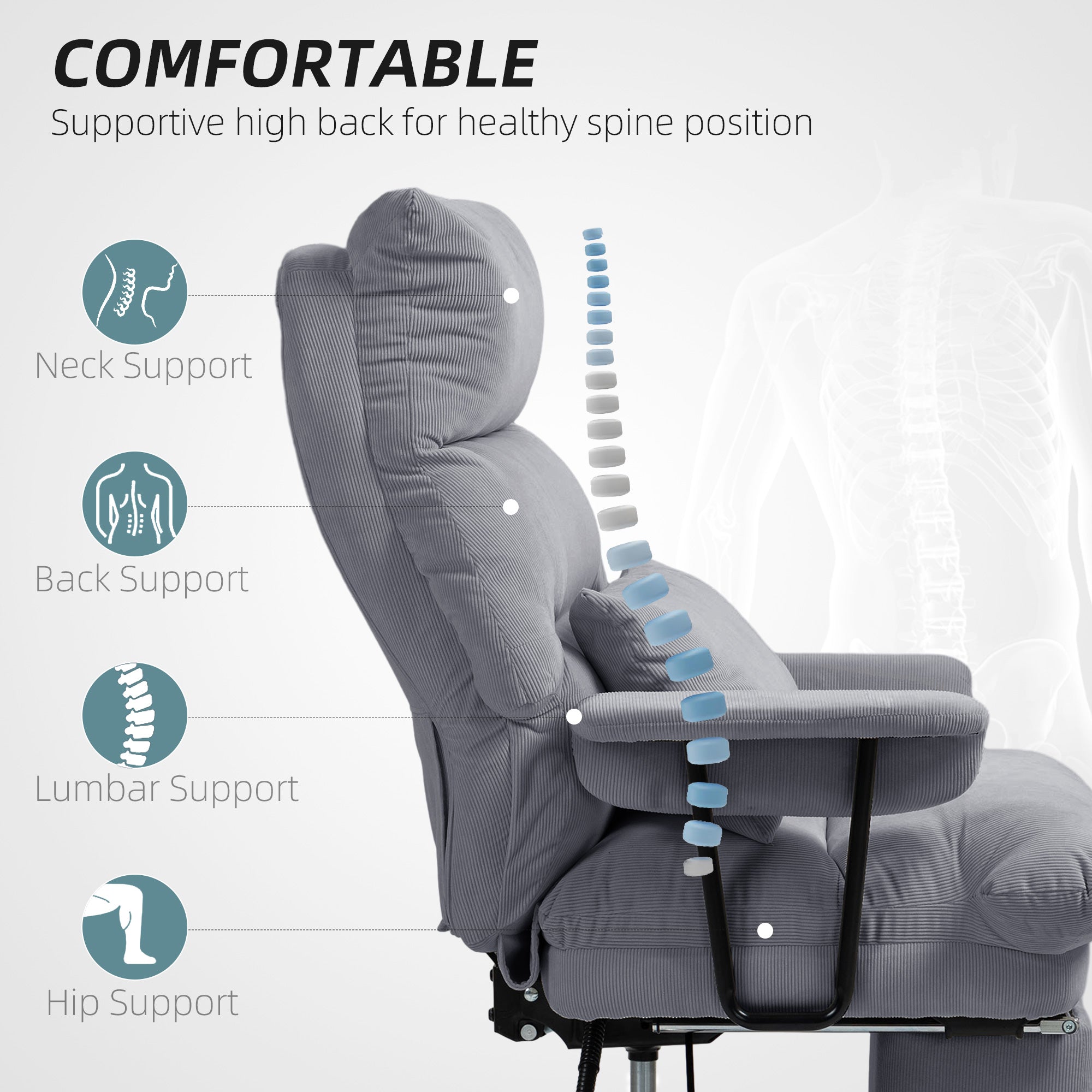Gray massage chair with text and icons highlighting support features on a white background
