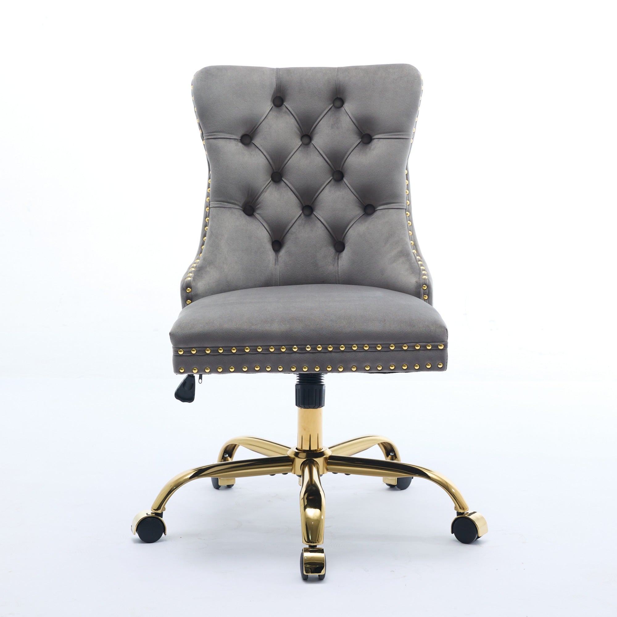 Gray office chair with tufted backrest and gold accents on a white background