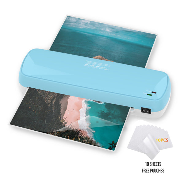 Blue laminating machine with two photos and a pack of free pouches on a white background