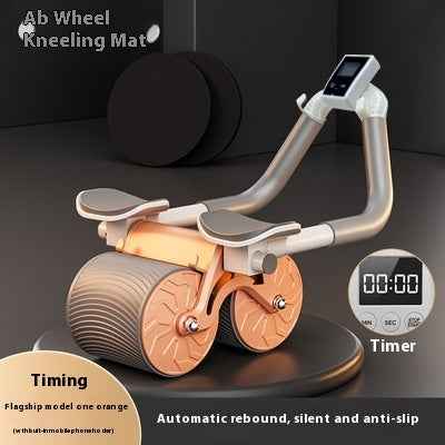 Ab wheel kneeling mat with digital timer on a dark background