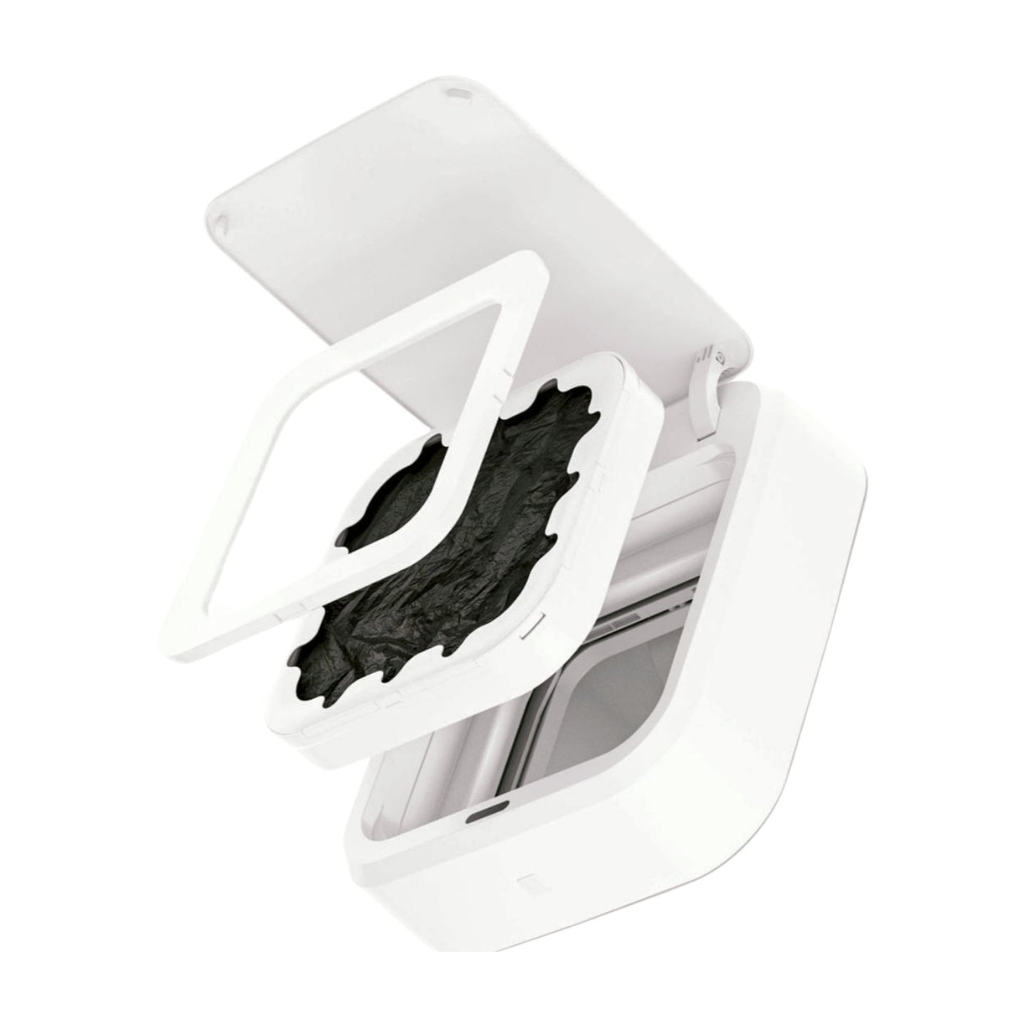 White makeup compact with black makeup inside on a white background