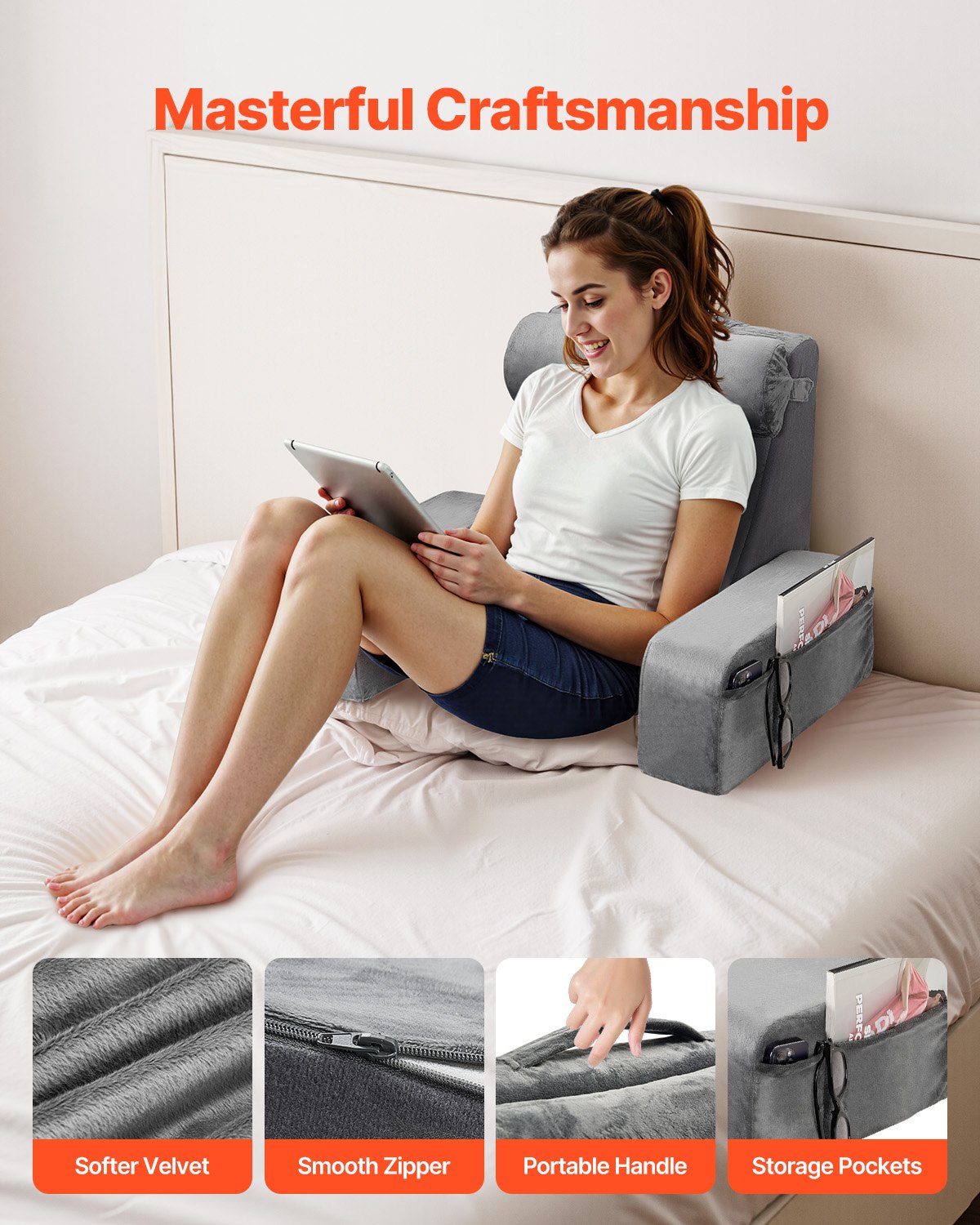 Woman using a bed tray with a tablet, surrounded by close-up images of its features.