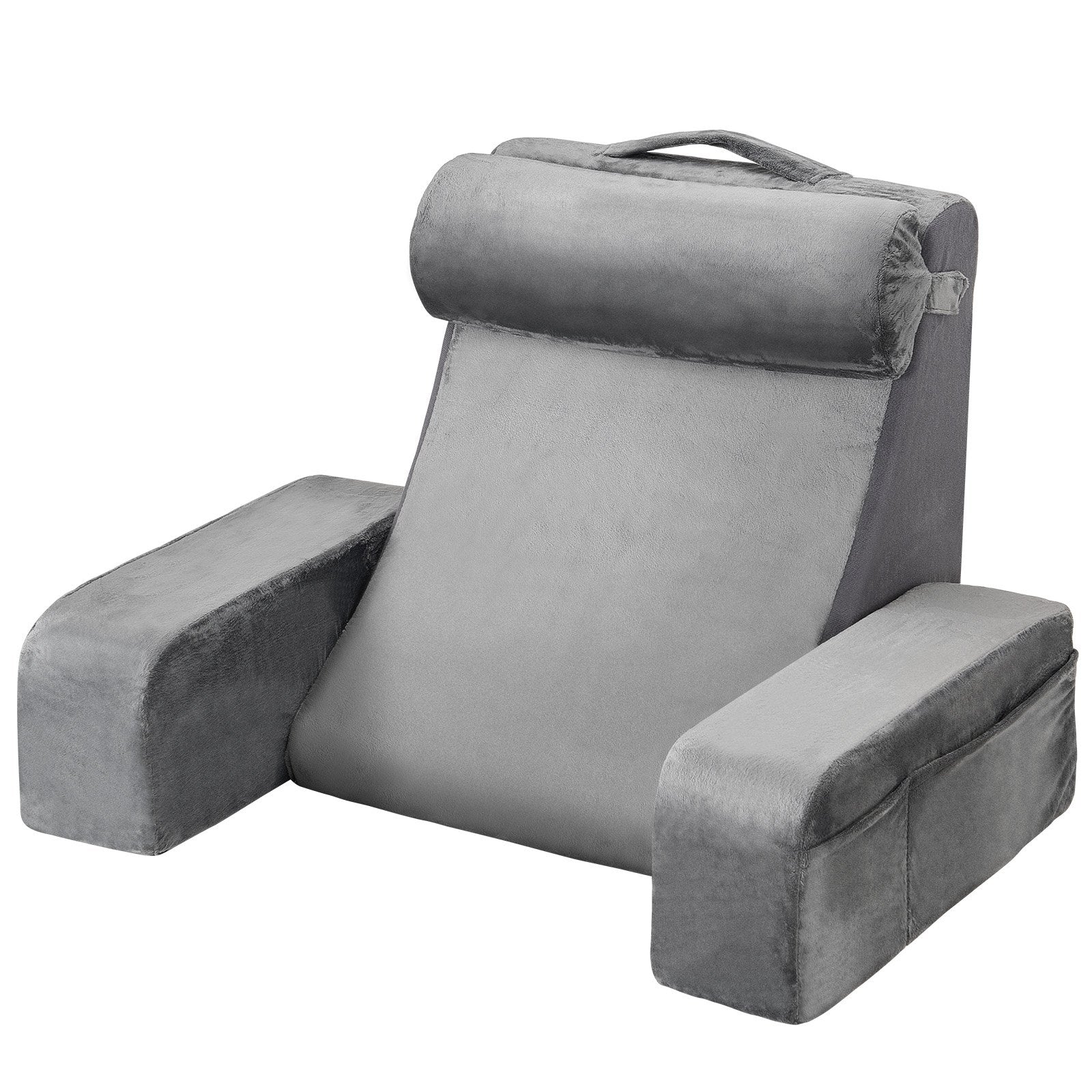 Gray wedge-shaped pillow with armrests on a white background