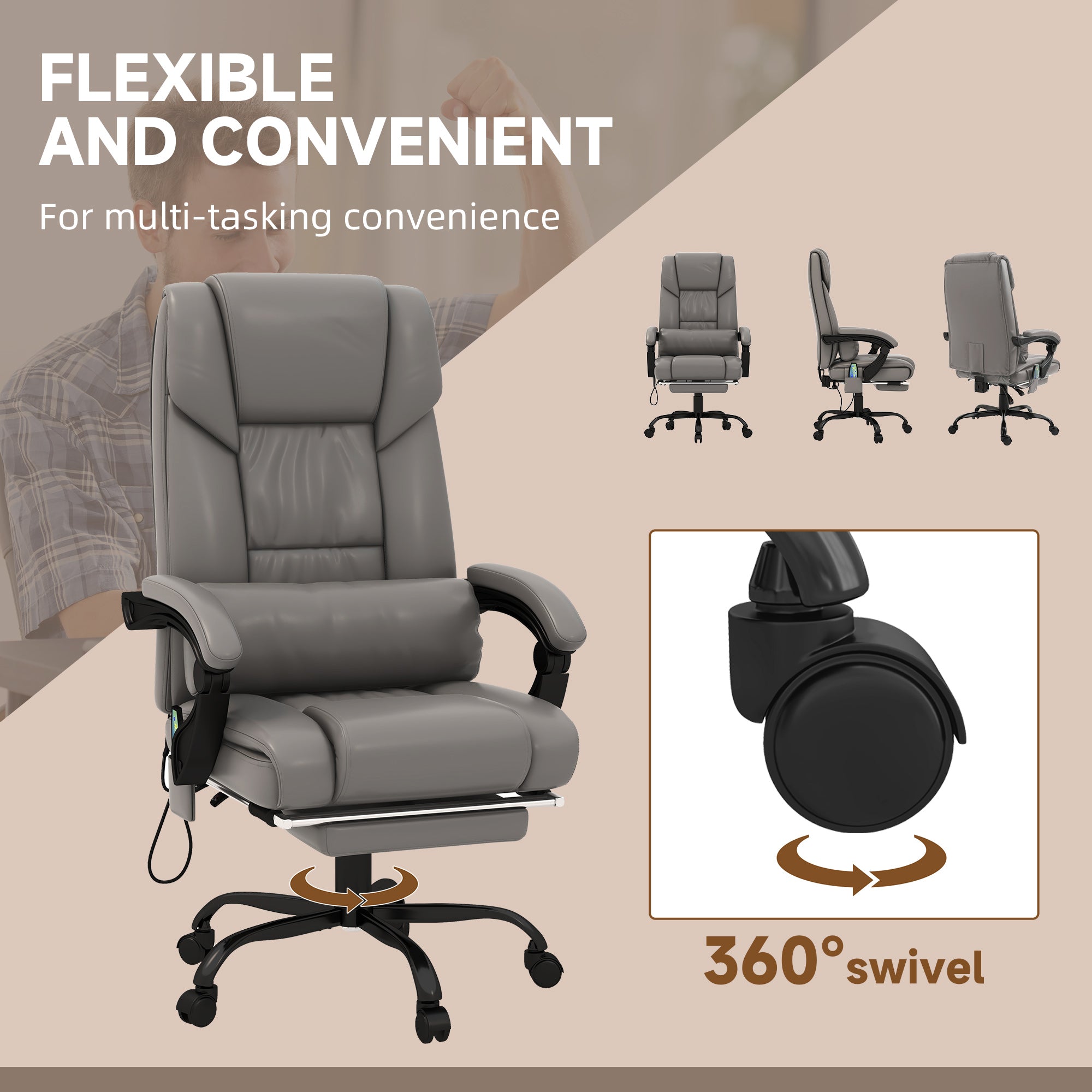 Gray office chair with 360-degree swivel feature on a beige background