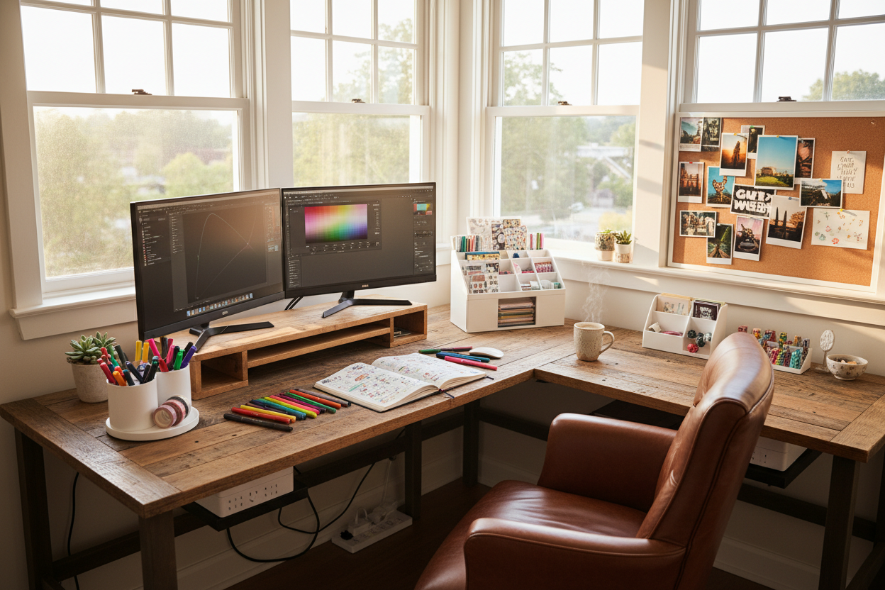 Sunny and inviting L-shaped rustic wooden desk in a bright corner home office with large windows and natural sunlight, dual monitors on the left, open bullet journal with colorful pens, Nikn Lotus white rotating pen holder full of markers, Nikn Lotus white office assistant set holding washi tapes and stickers, tidy cable management organizers keeping cords hidden, cozy brown leather office chair pulled up, small potted plants and a coffee mug on the desk, corkboard with pinned photos