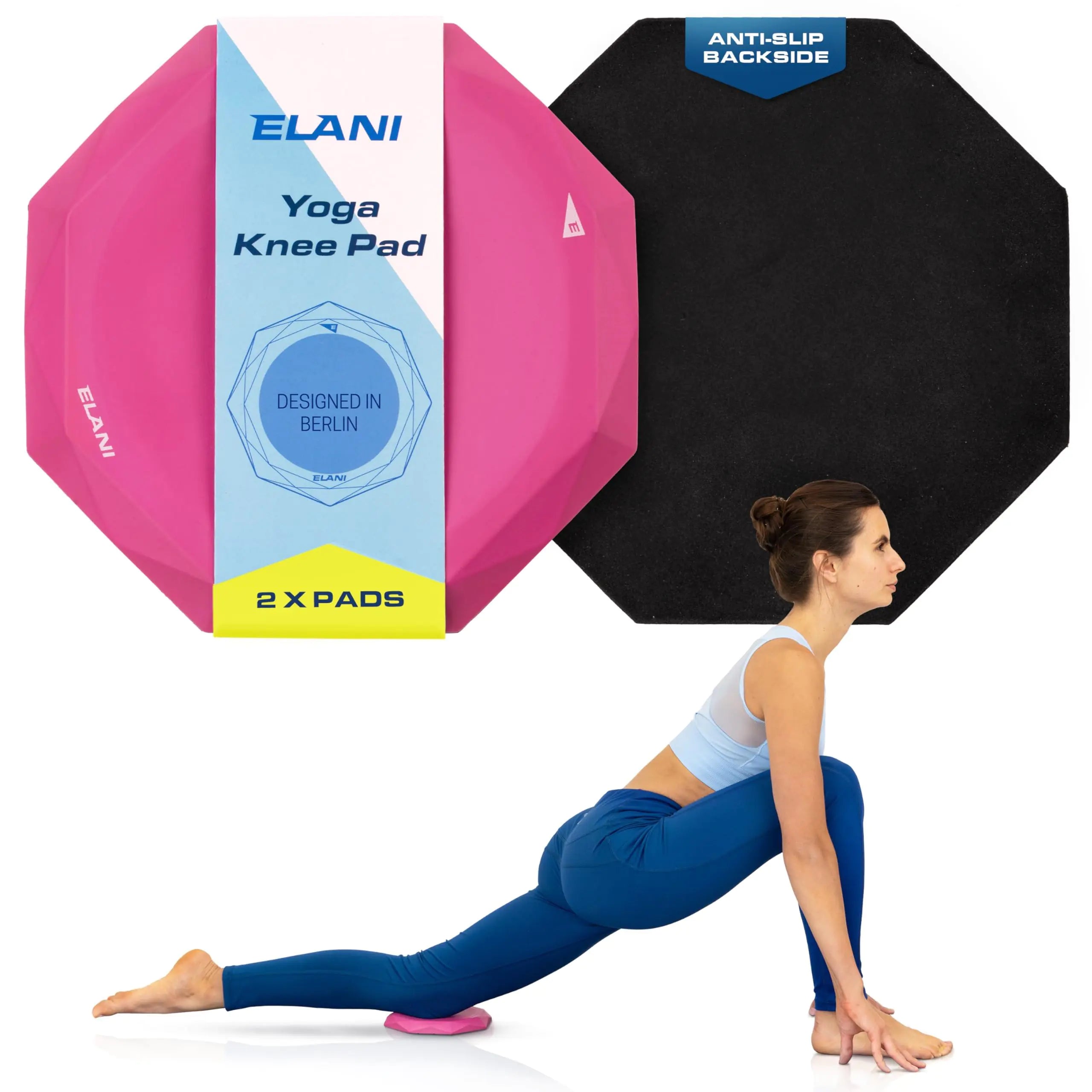 Yoga knee pad with packaging and a woman demonstrating its use.
