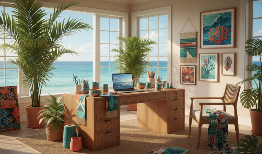 warm, creative, Bahamian-inspired vibes with workspace elements